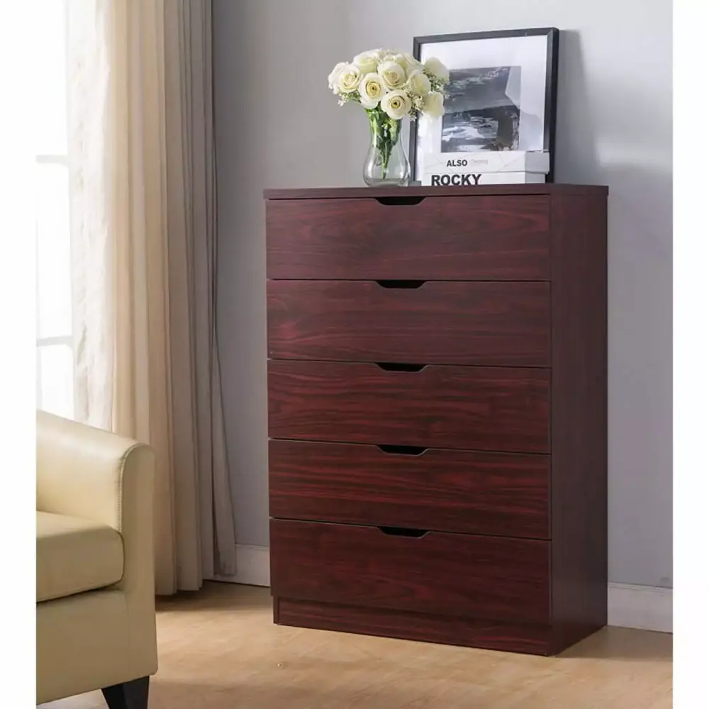 5 Drawer Bedroom Dresser Home Chest Cabinet with Cut-Out Handles in Mahogany Finish