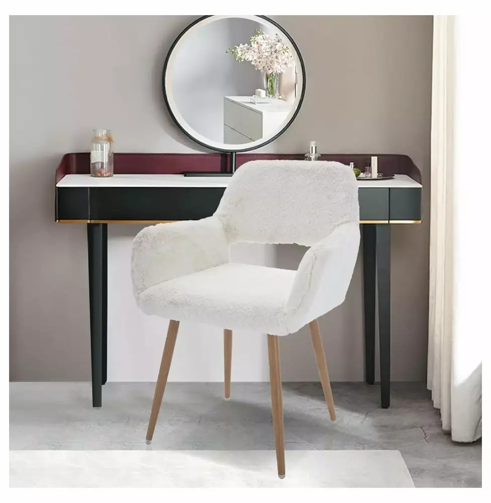 Drevy Faux Fur Makeup Stool Home Office Chair with Arms Solid Steel Legs White Vanity Chair