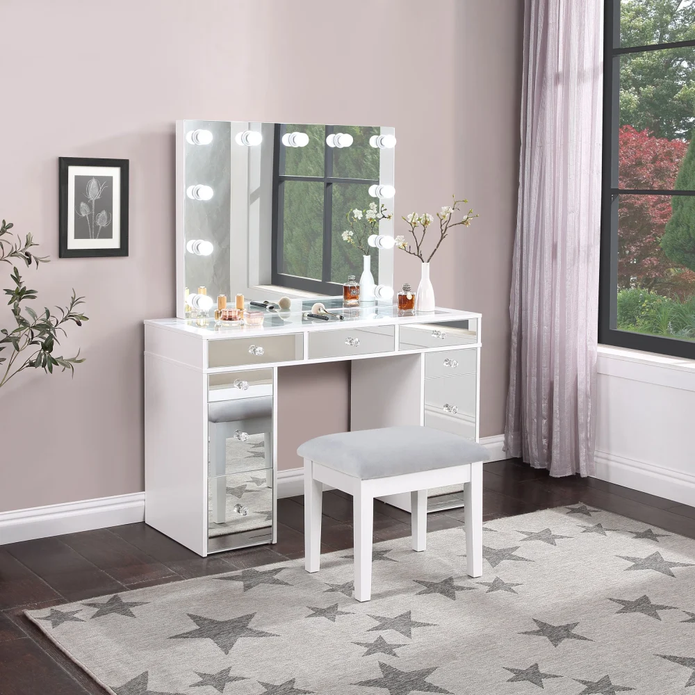 Regina 3-piece Makeup Vanity Table Set with Hollywood Lighting in White and Mirror