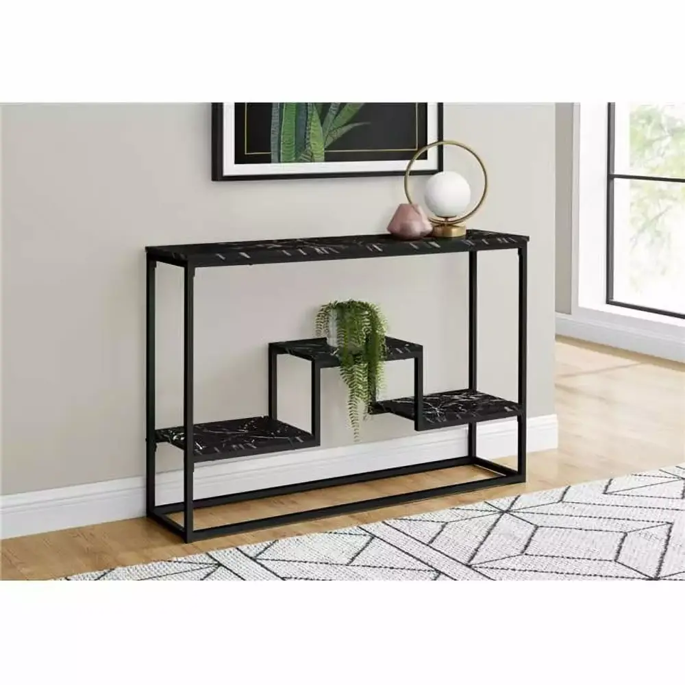 48 Inch Black Marble & Black Metal Accent Console Table