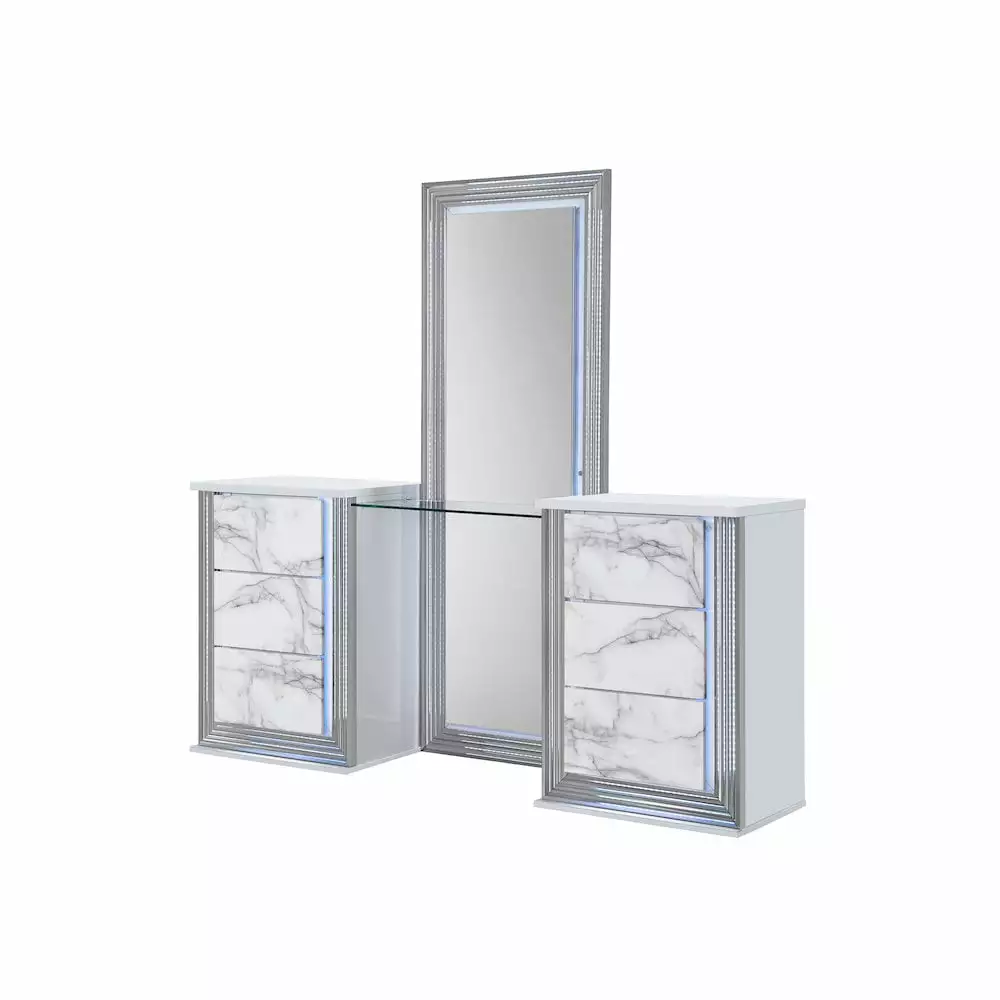 Global Furniture Ylime White Marble Raf Vanity Dresser with LED - Elegant Dressing Table