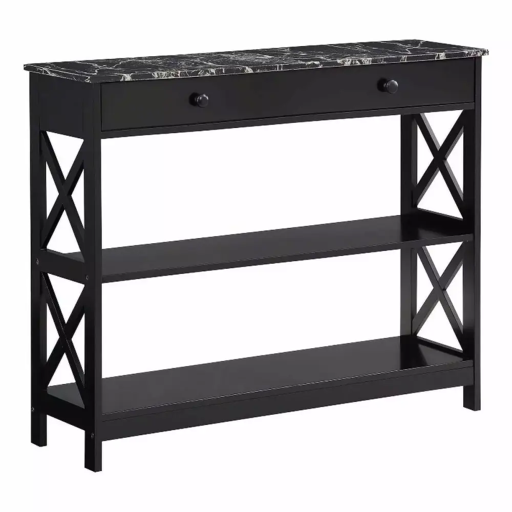 Pemberly Row 1-Drawer Console Table with Shelves in Black Wood and Faux Marble Top