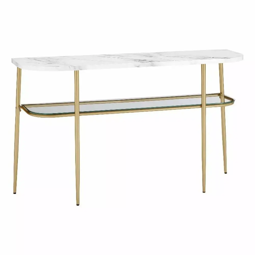 52 Inch Curved Faux Marble Glass and Metal Entry Table with Gray Vein Marble and Gold Finish