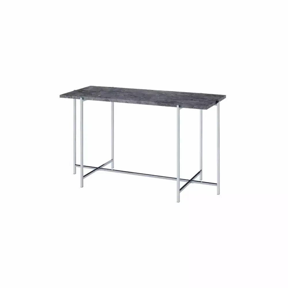 ACME Adelae Rectangular Faux Marble Top Sofa Table in Gray and Chrome