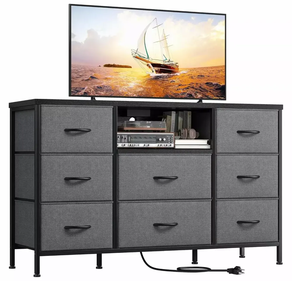 Lwory Dresser TV Stand with Power Outlet 8 Fabric Deep Drawers Media Console for 55 TV Grey