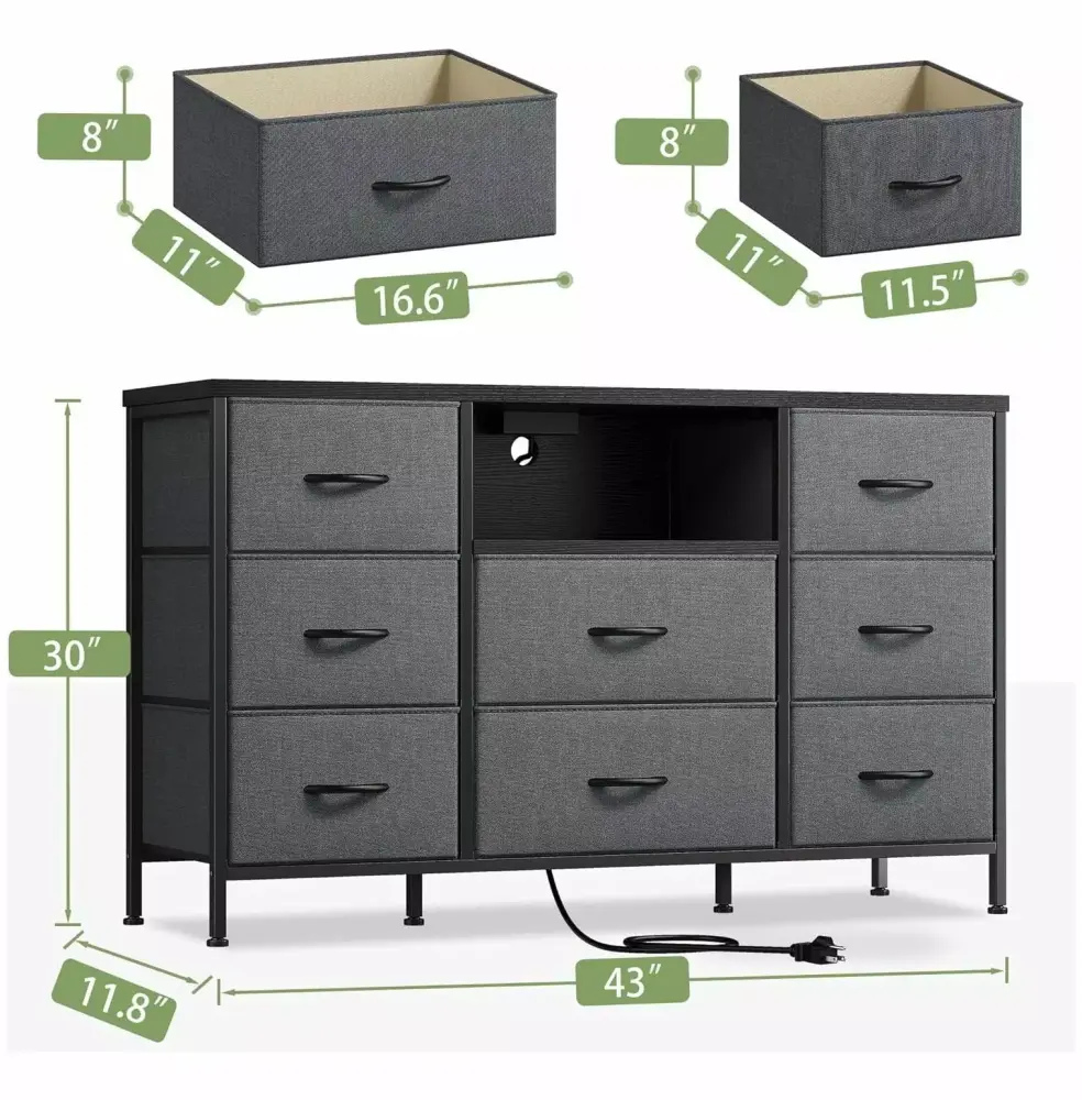 Lwory Dresser TV Stand with Power Outlet 8 Fabric Deep Drawers Media Console for 55 TV Grey