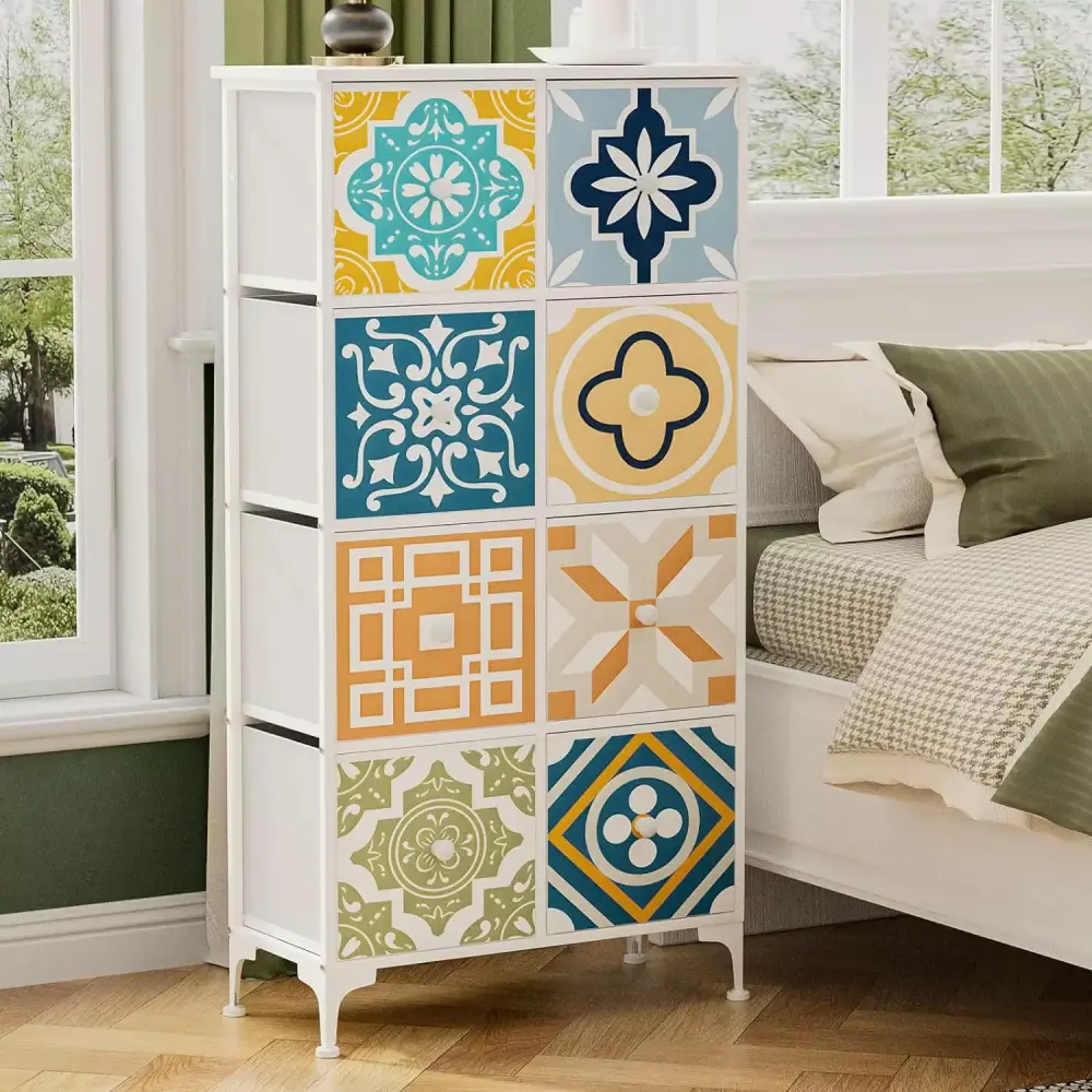 Tall Dresser for Bedroom with 8 Drawers Mediterranean Style Chest of Drawers Fabric Dresser with Wooden Top