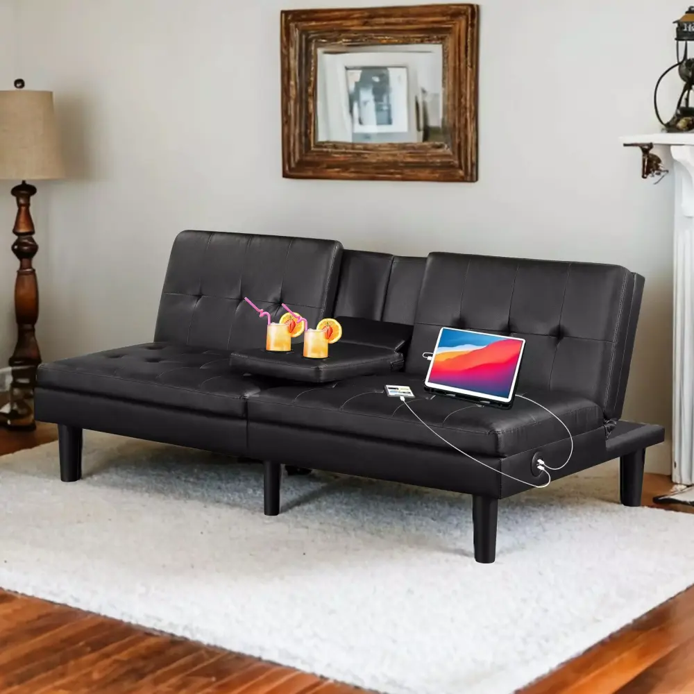 Prilinex Memory Foam Futon Convertible Sofa Bed with USB Ports and Cupholders Black