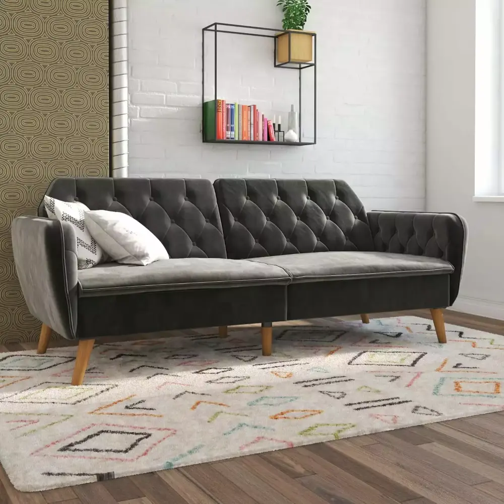 ZHANHAO Tallulah Memory Foam Futon with Gray Velvet Upholstery