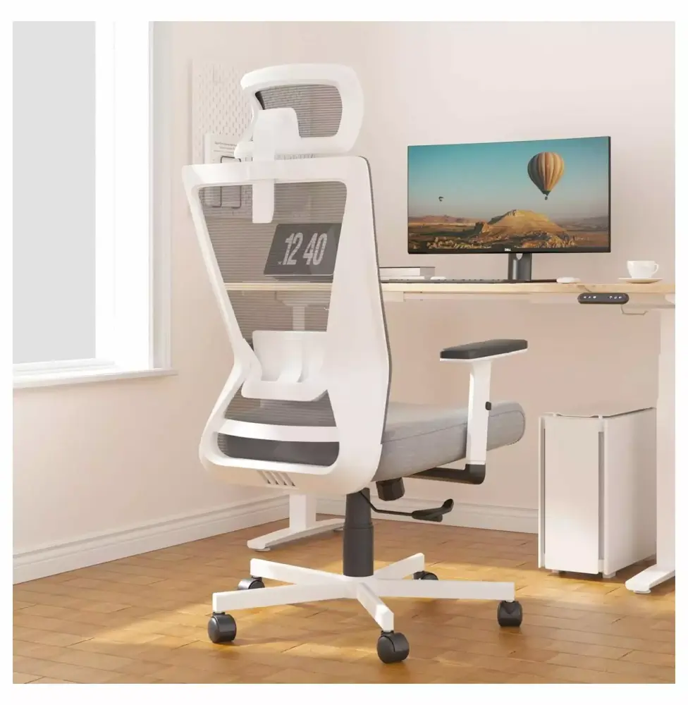 White High Back Mesh Office Chair with Lumbar Support and 2D Adjustable Armrests