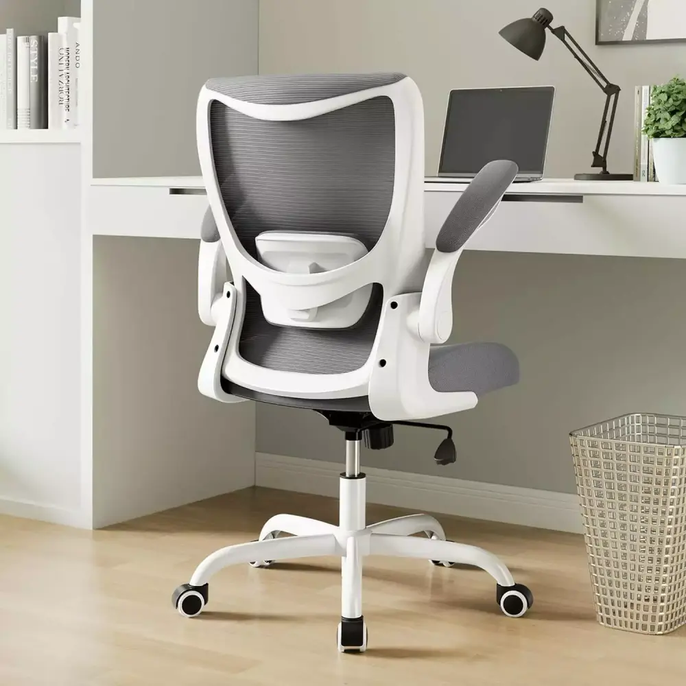 Grey Office Chair with Adjustable Lumbar Support and Flip-Up Armrests for Home Office