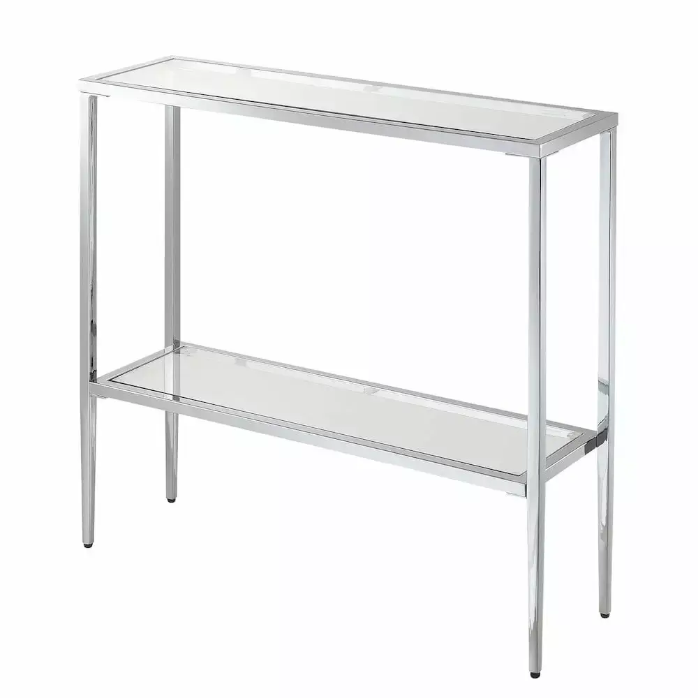 Nadia Chrome Metal Entryway Hall Table with Glass Shelf and Top - Contemporary Console Table