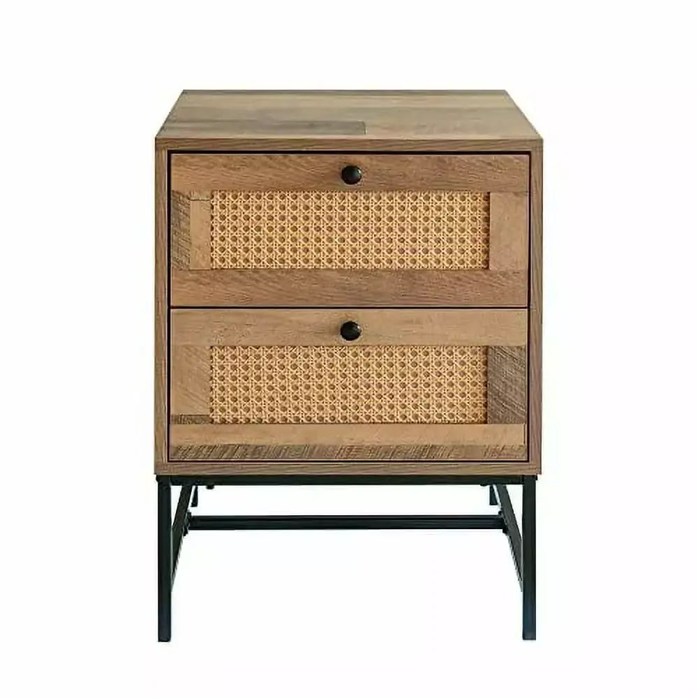GIA Design Group 25 Inch Rattan Nightstand with 2 Drawers End Table with Black Metal Base Mix Oak