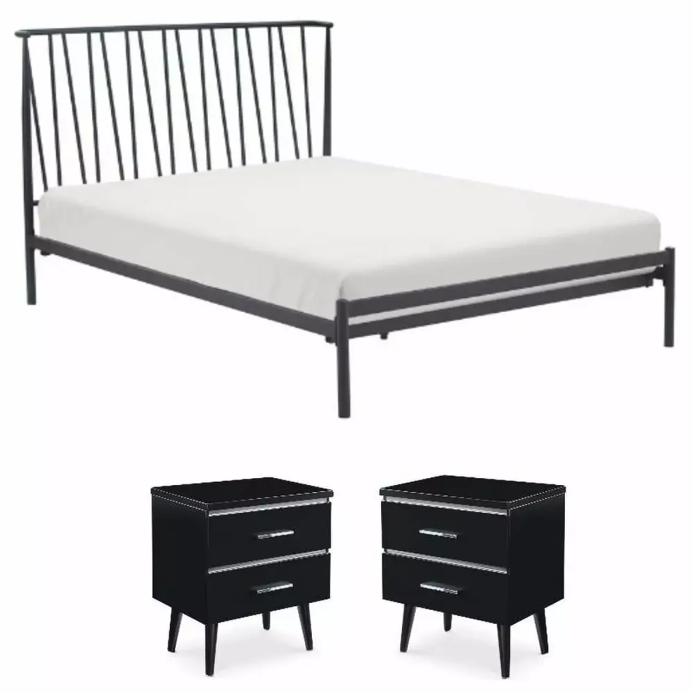 Home Square 3-Piece Queen Size Bedroom Set with Metal Bed and 2 Side Tables in Black