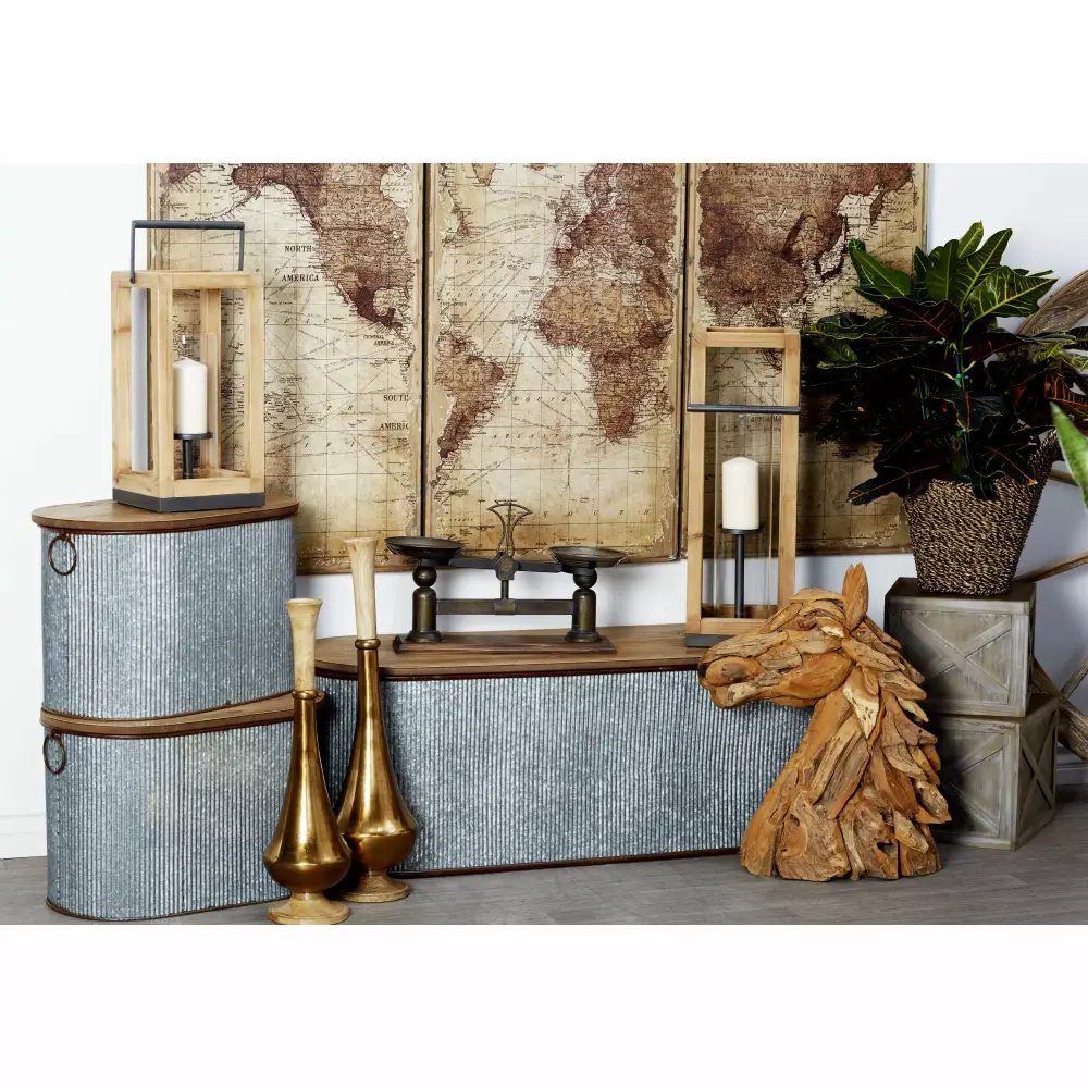 DecMode Metal Storage Bench with Brown Wood Top - Set of 3 Modern Entryway Benches