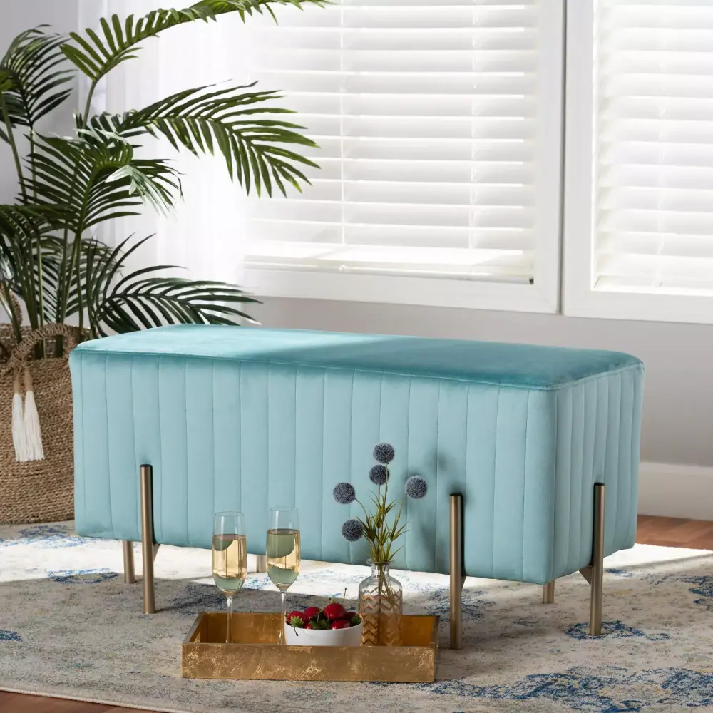 Baxton Studio Helaine Upholstered Bench with Metal Legs in Sky Blue