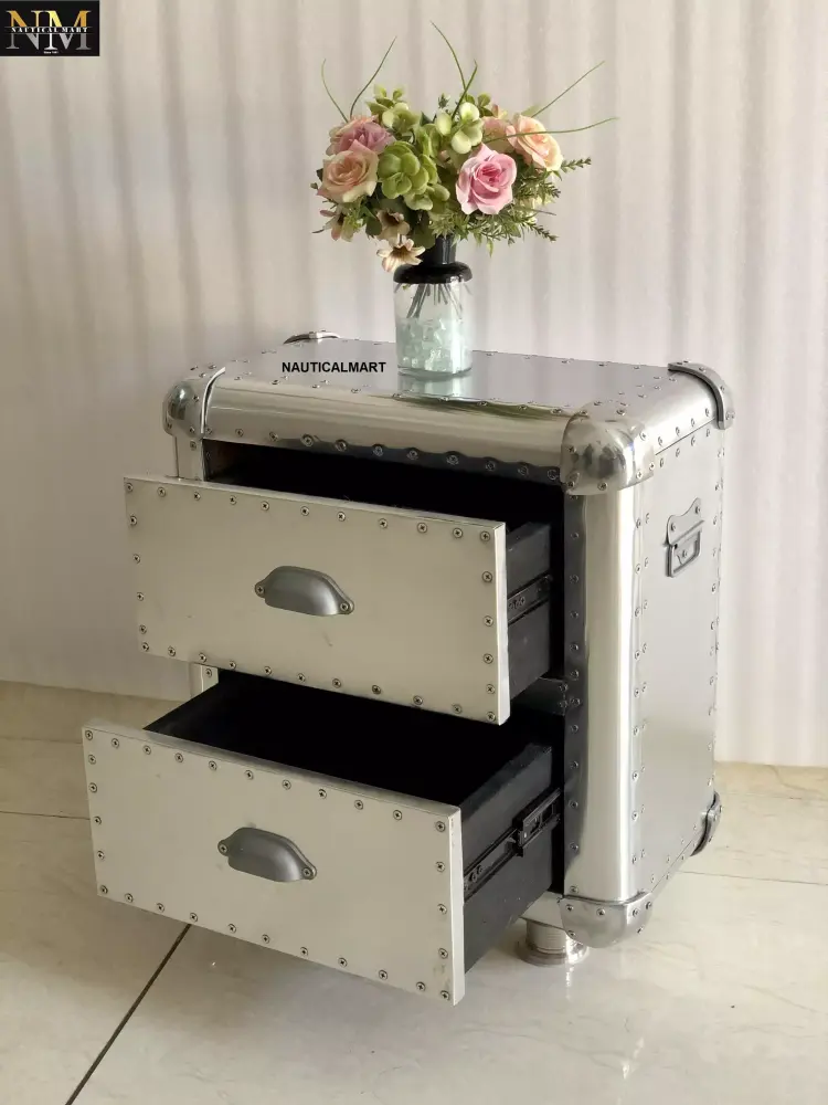 Aviator Aluminum Studded 2 Drawer Bedside Cabinet - Aviator Bedside Stool