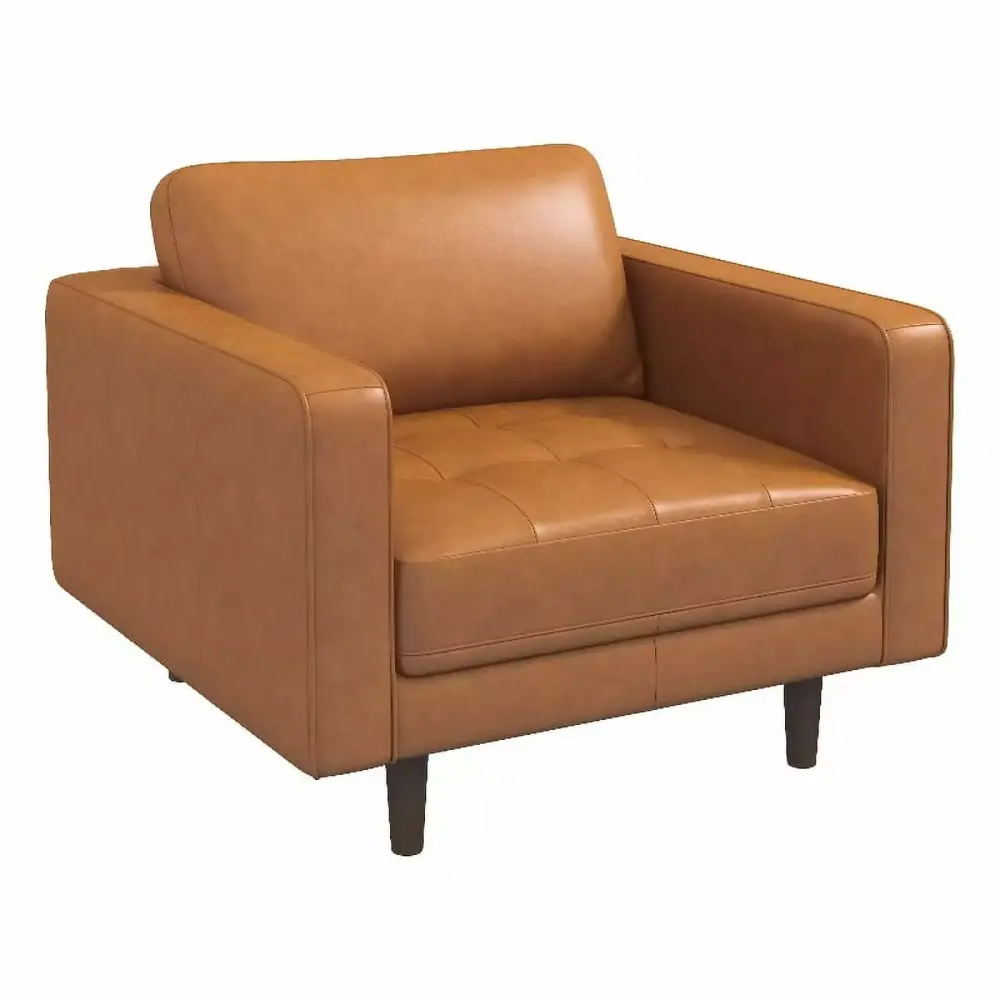Pemberly Row Mid-Century Pillow Back Genuine Leather Armchair in Tan