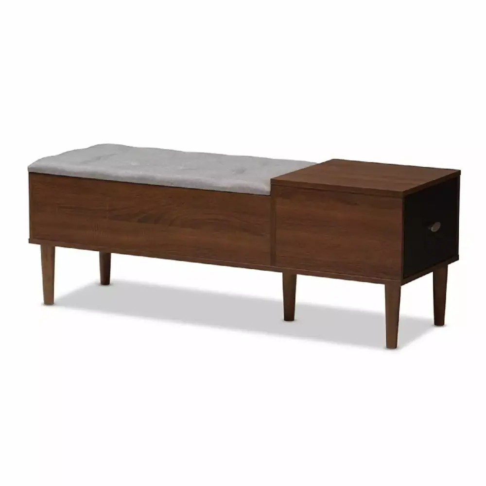 Baxton Studio Merrick Mid-century 1-drawer 2-tone Oak Dark Brown Wood Entryway Storage Grey Cushioned Bench