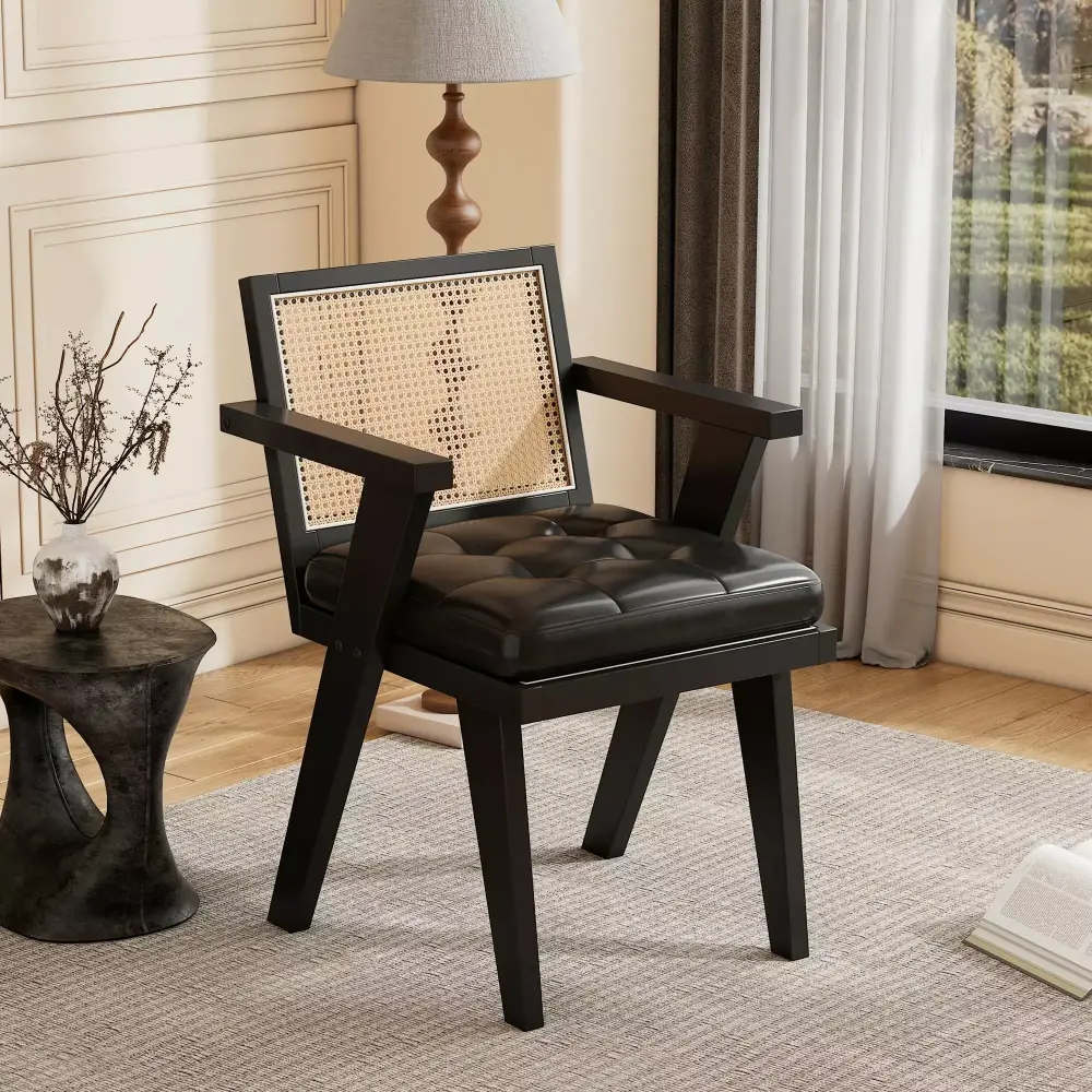 Artisan-made Rattan Back Mid-Century Accent Chair with Padded Seat Non-Slip Cushion Black