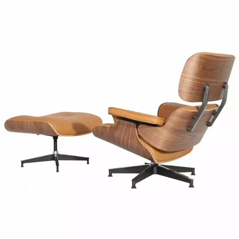 Mid Century Plywood Lounge Chair Ottoman Replica Italian Leather Terracotta Walnut Vintage Design