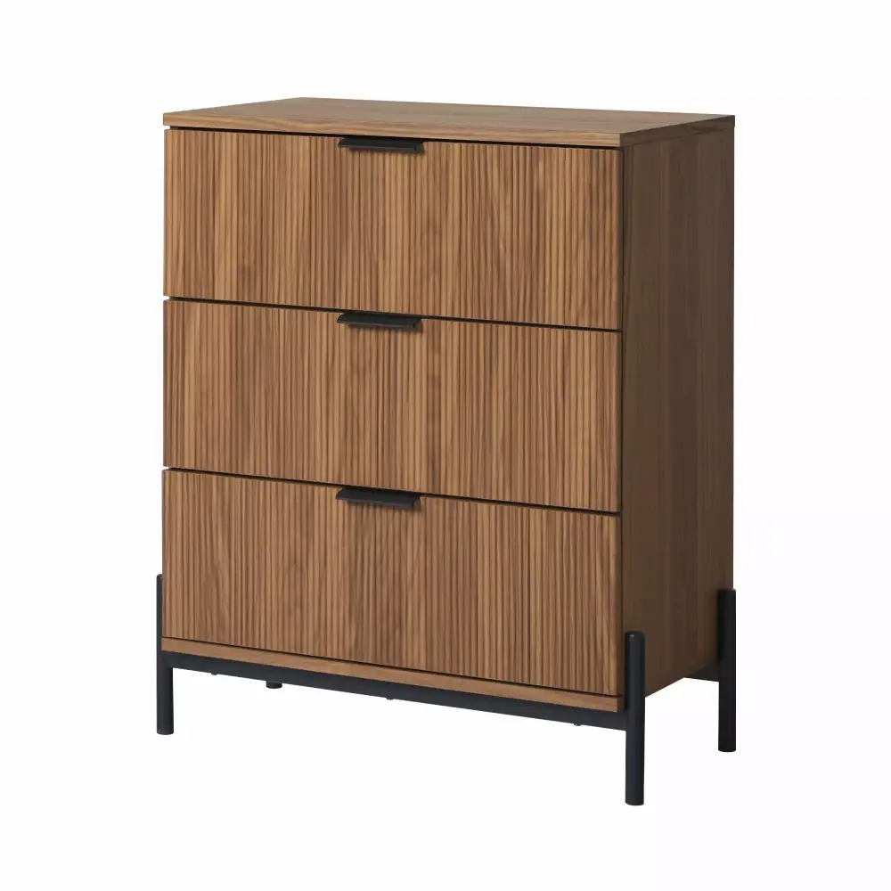 DeeHome Mid-Century 3-Drawer Chest with Reeded Drawer Fronts in Mocha Finish