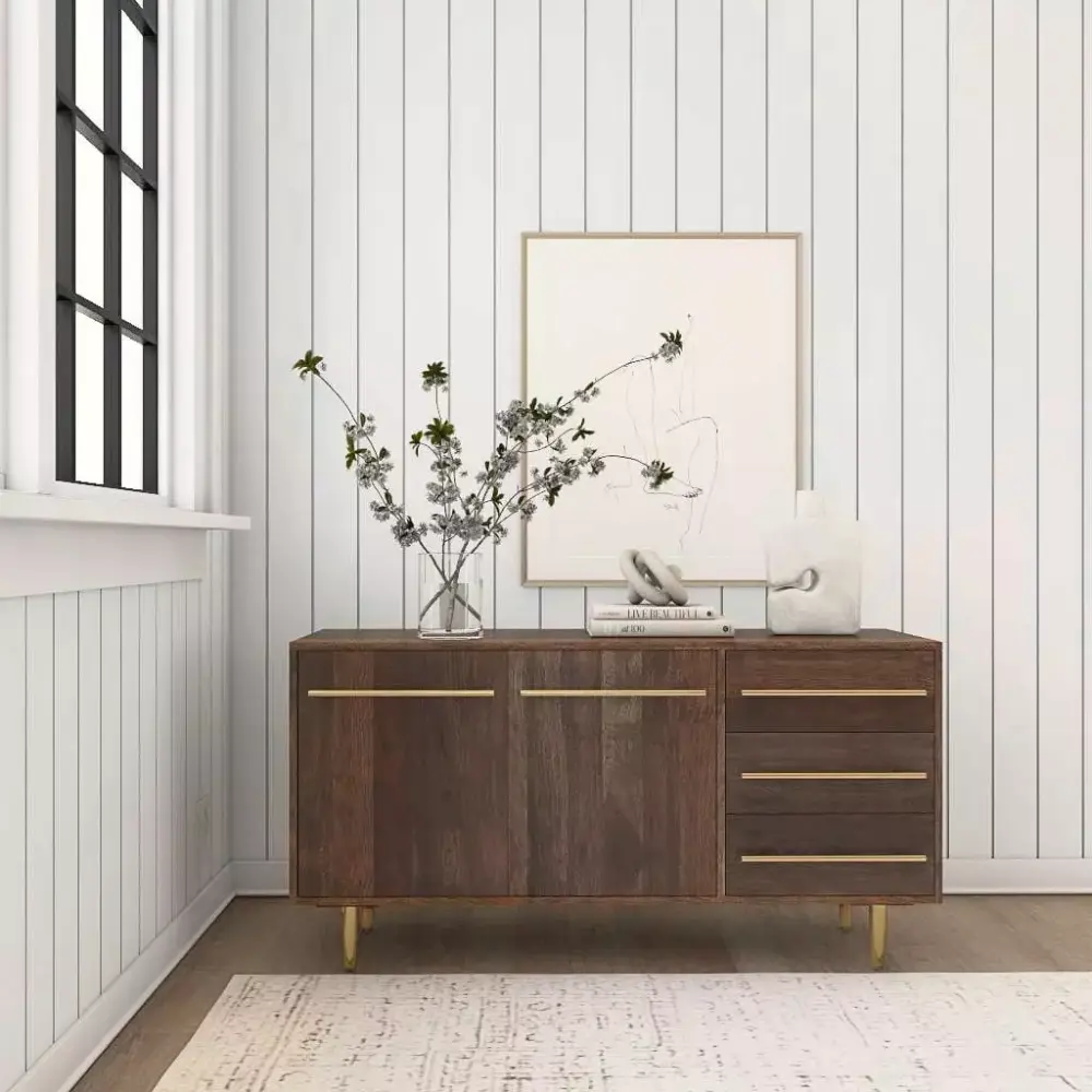 Powell Delwin Mid Century Modern 3 Drawer 2 Door Wood Indoor Console Table Dark Brown