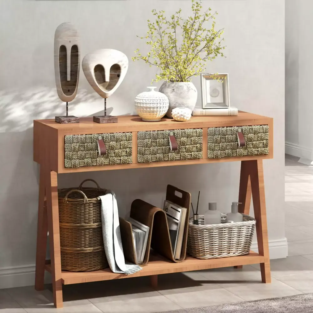 Mid Century Modern Console Table with Storage 3 Drawers and Open Shelf for Entryway or Living Room