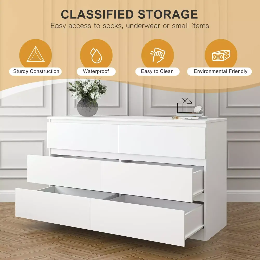 Resenkos Mid Century Modern 6 Drawer White Dresser with Hidden Handle