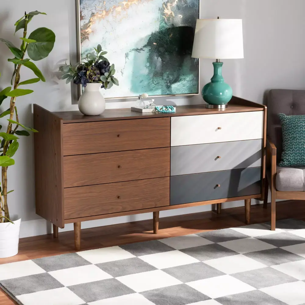 Baxton Studio Halden Mid-Century Modern 6-Drawer Dresser in Walnut Brown and Grey Gradient