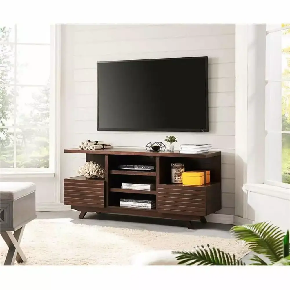 Model Mid Century Rough Sawn Cherry Media Console Table for Living Room