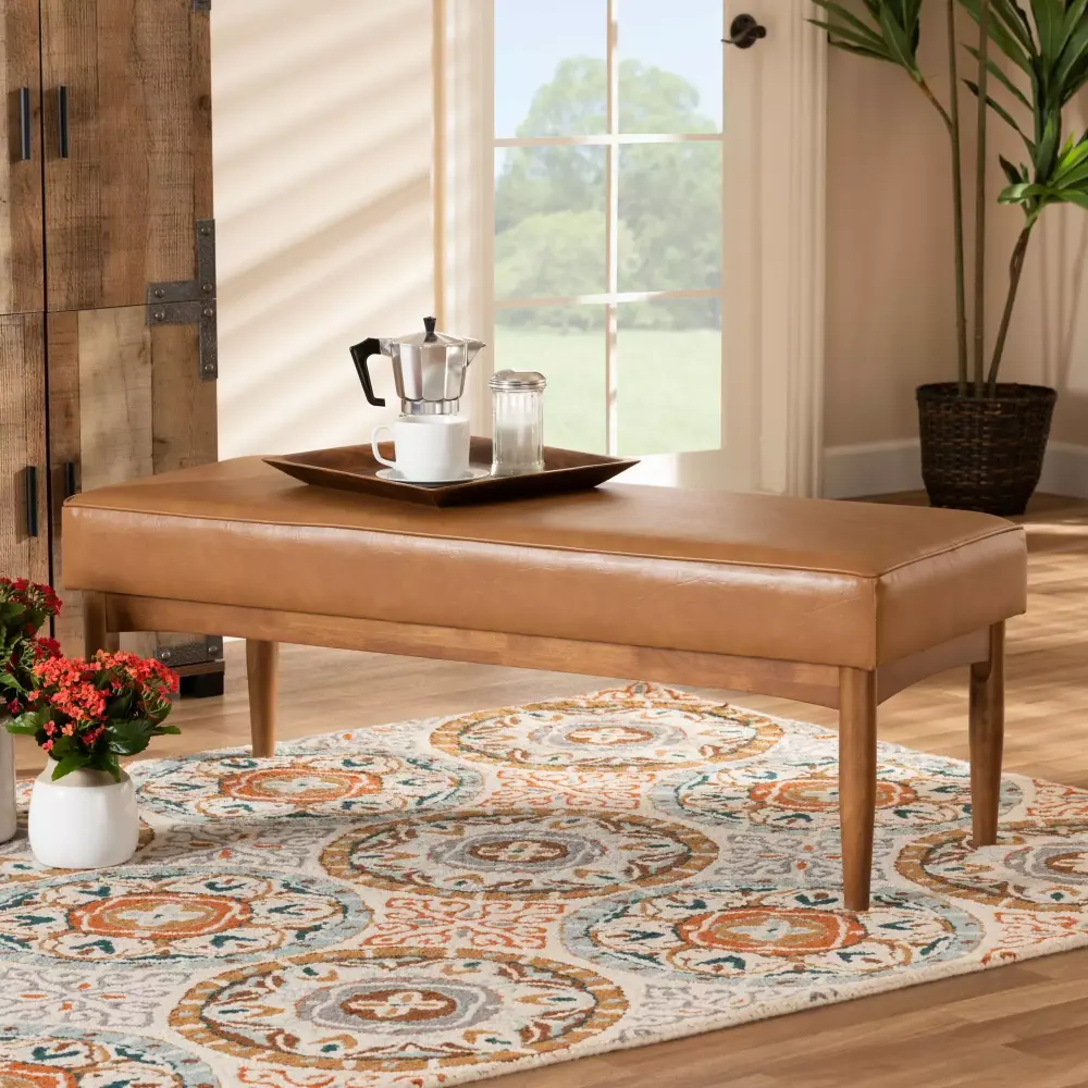 Baxton Studio Arvid Mid-Century Modern Tan Faux Leather Upholstered Dining Bench