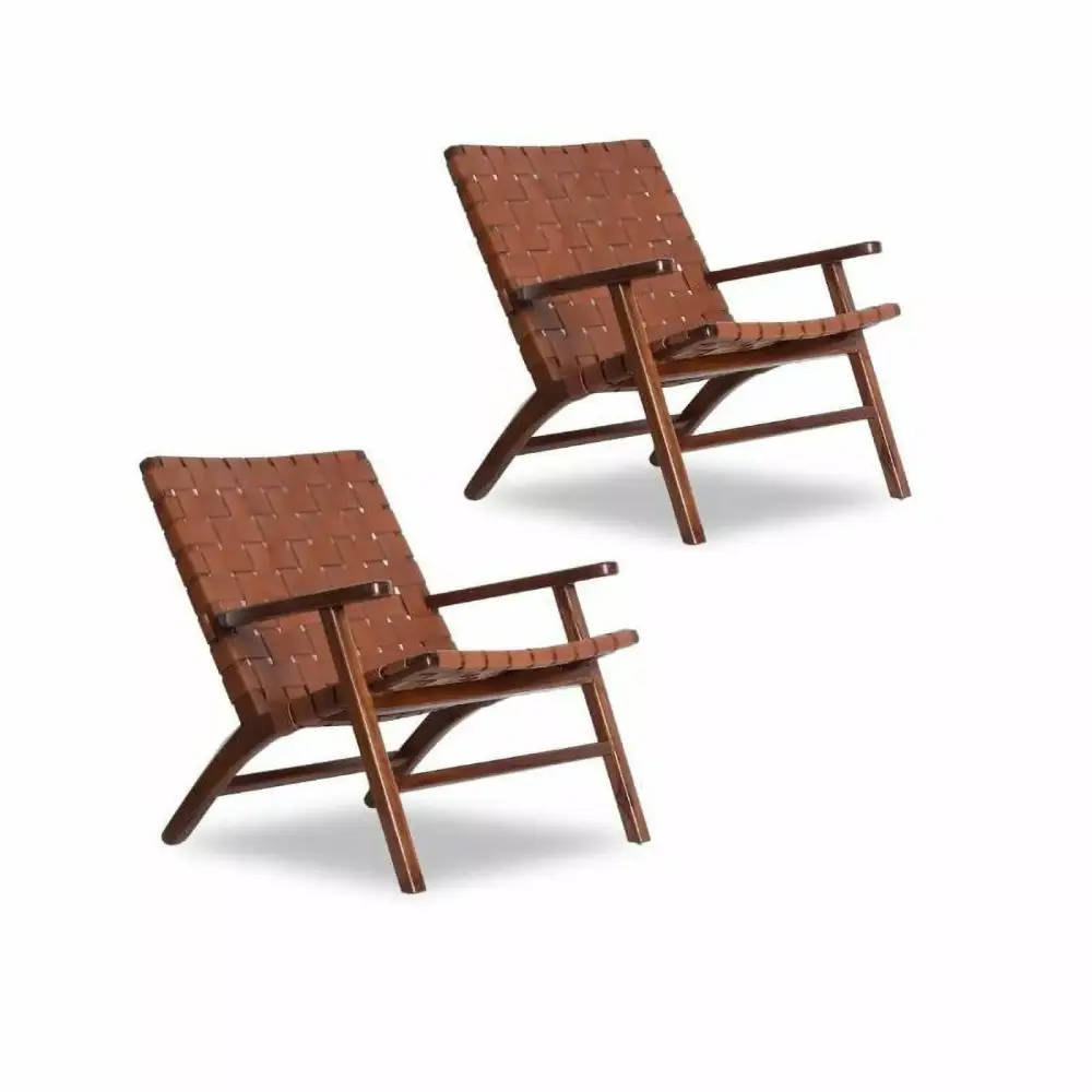 Home Square 2 Piece Genuine Leather Mid Century Accent Chair Set Walnut