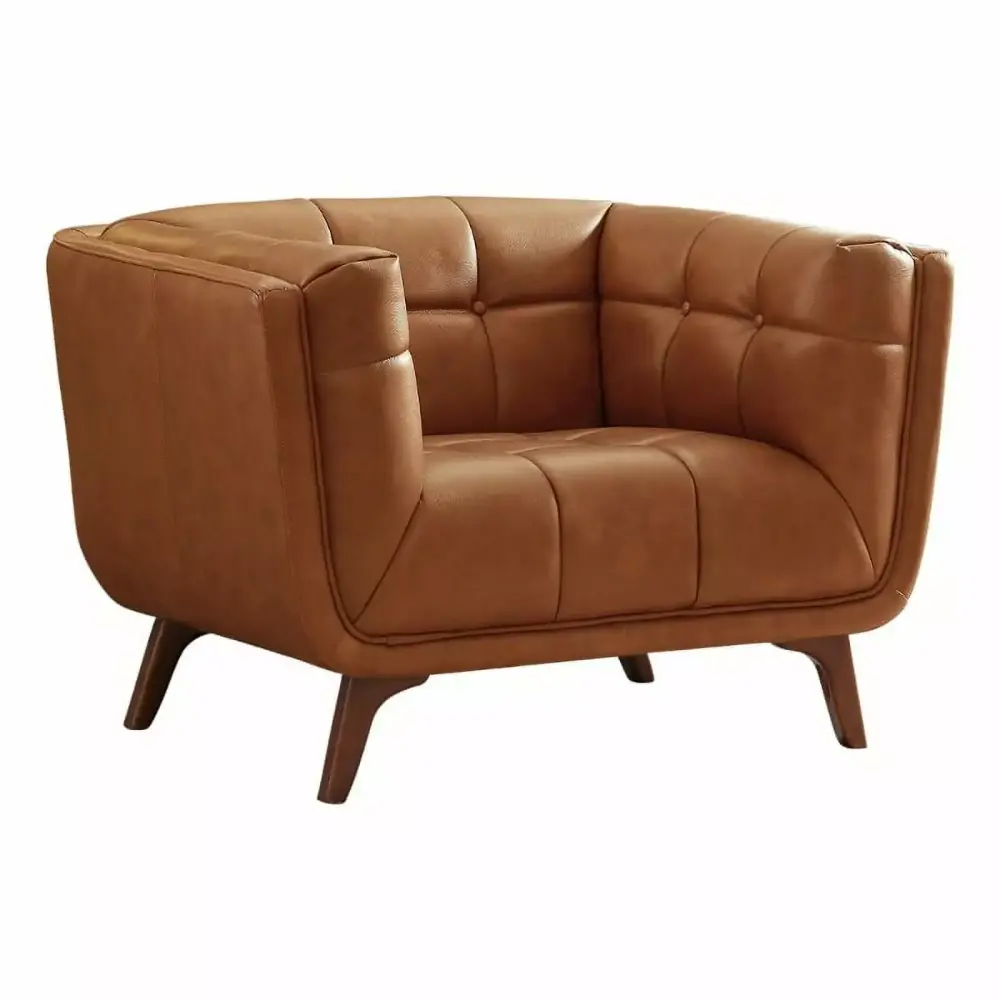 Allen Mid-Century Tufted Tight Back Tan Leather Upholstered Lounge Chair