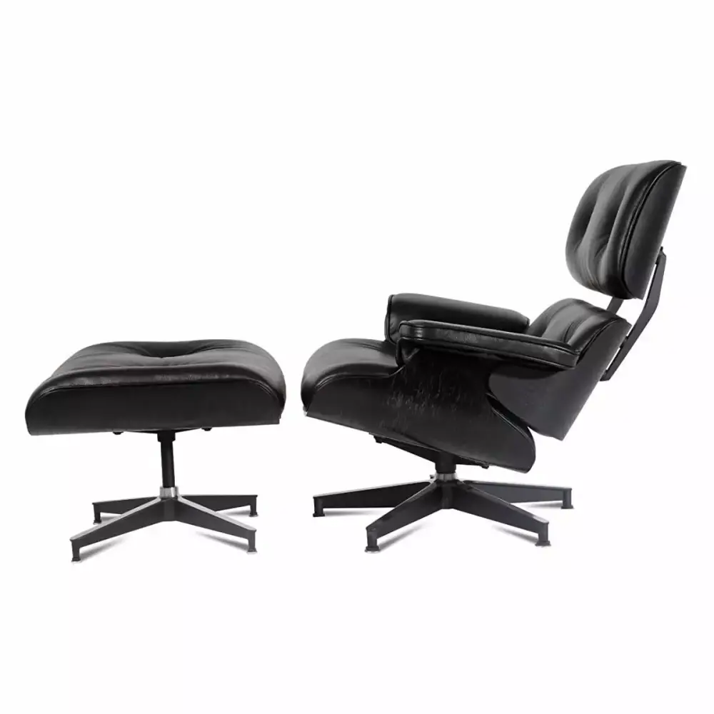 Mid Century Plywood Lounge Chair and Ottoman Replica Italian Leather Black