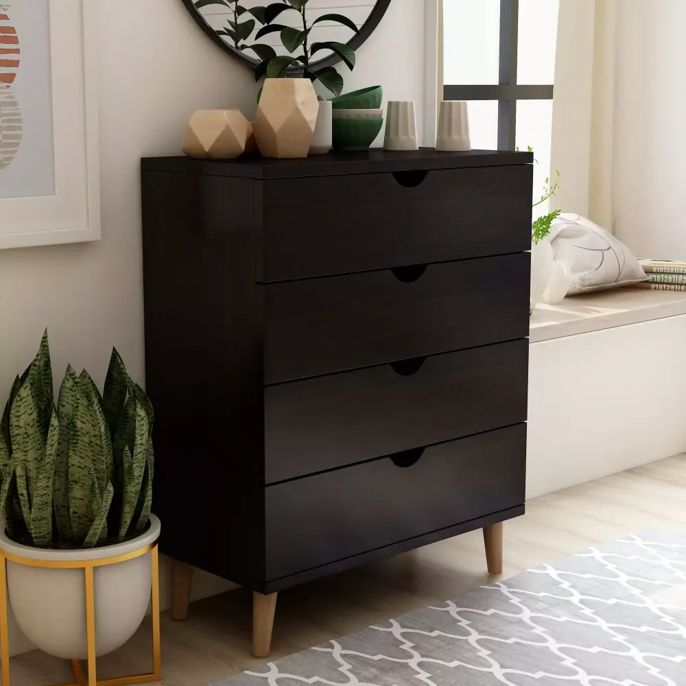 Denhour DH BASIC Mid-Century Modern 4-Drawer Chest in Cappuccino - Compact Bedroom Storage