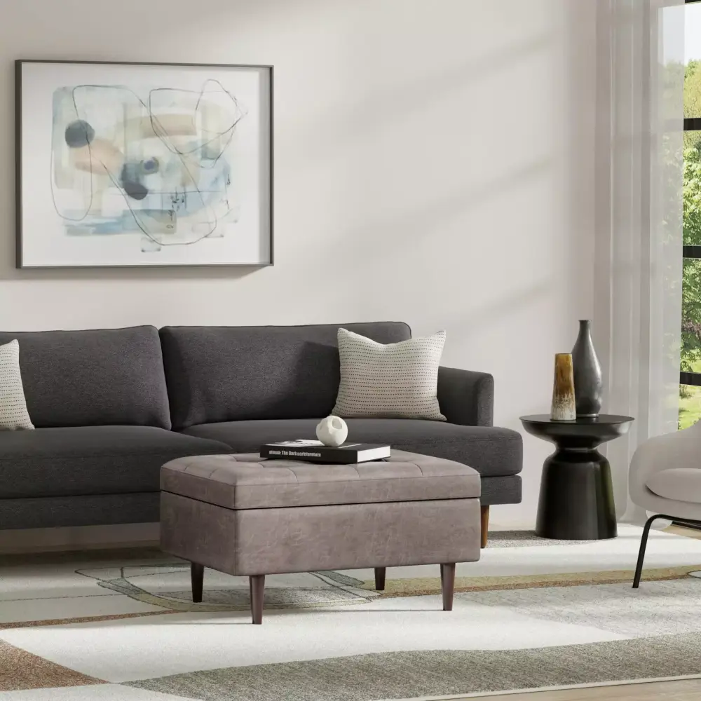 Simpli Home Shay 34 inch Wide Mid Century Modern Rectangle Coffee Table Storage Ottoman in Distressed Grey Taupe Vegan Faux Leather