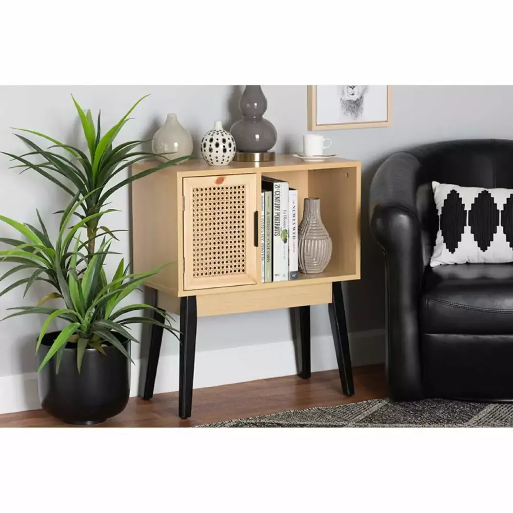Baxton Studio Dacre Mid-Century Modern Two-Tone Oak Brown and Black Console Table with 1-Door