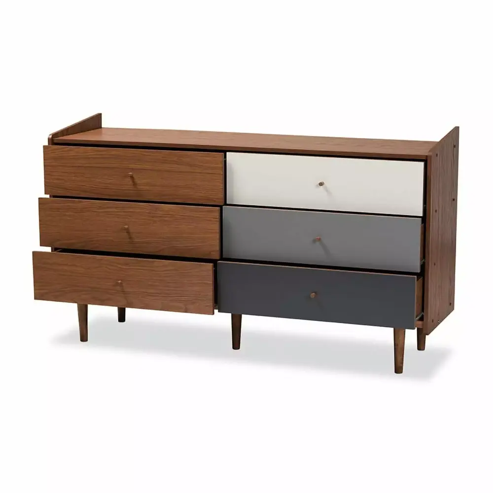 Baxton Studio Halden Mid-Century Modern 6-Drawer Dresser in Walnut Brown and Grey Gradient Wood Finish