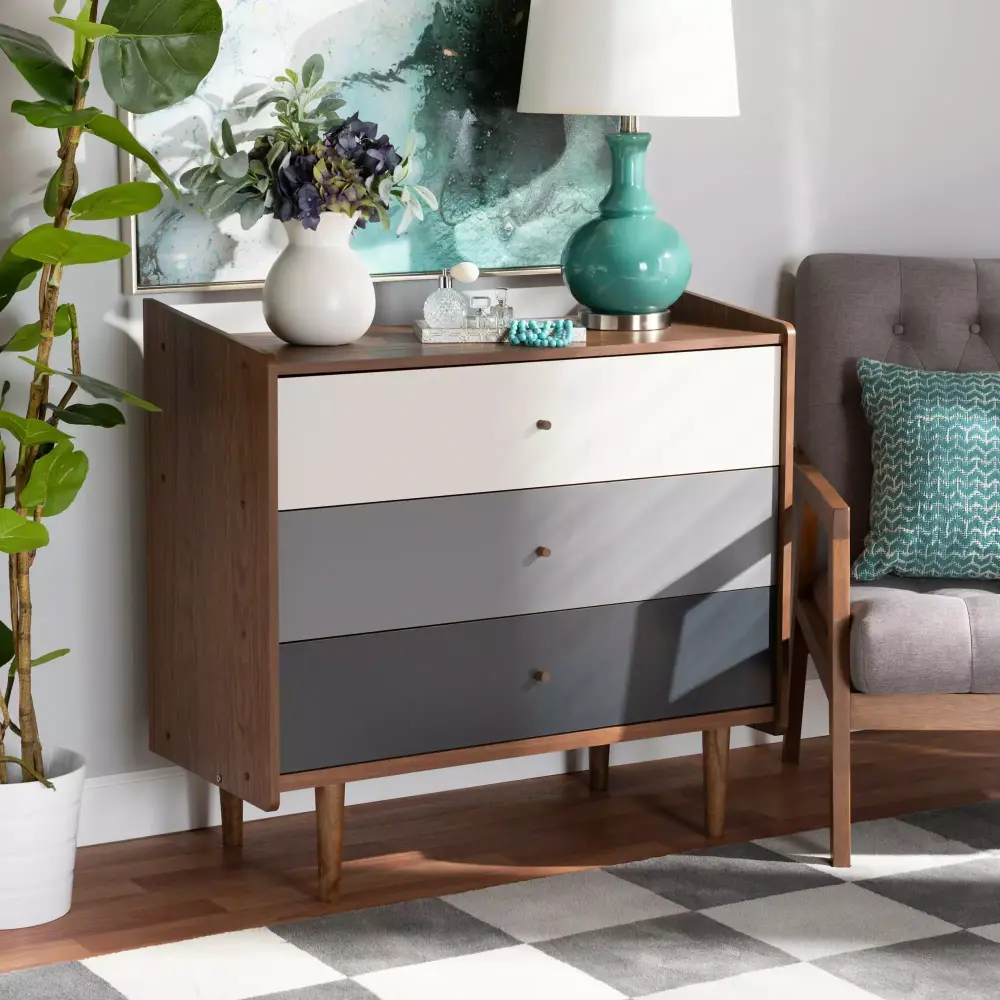 Baxton Studio Halden Mid-Century Modern 3-Drawer Chest in Walnut Brown and Grey