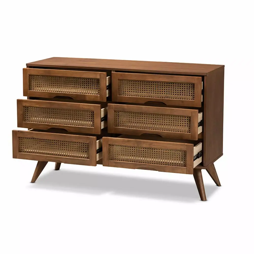 Baxton Studio Barrett Mid-Century Modern 6-Drawer Dresser in Walnut Brown with Synthetic Rattan