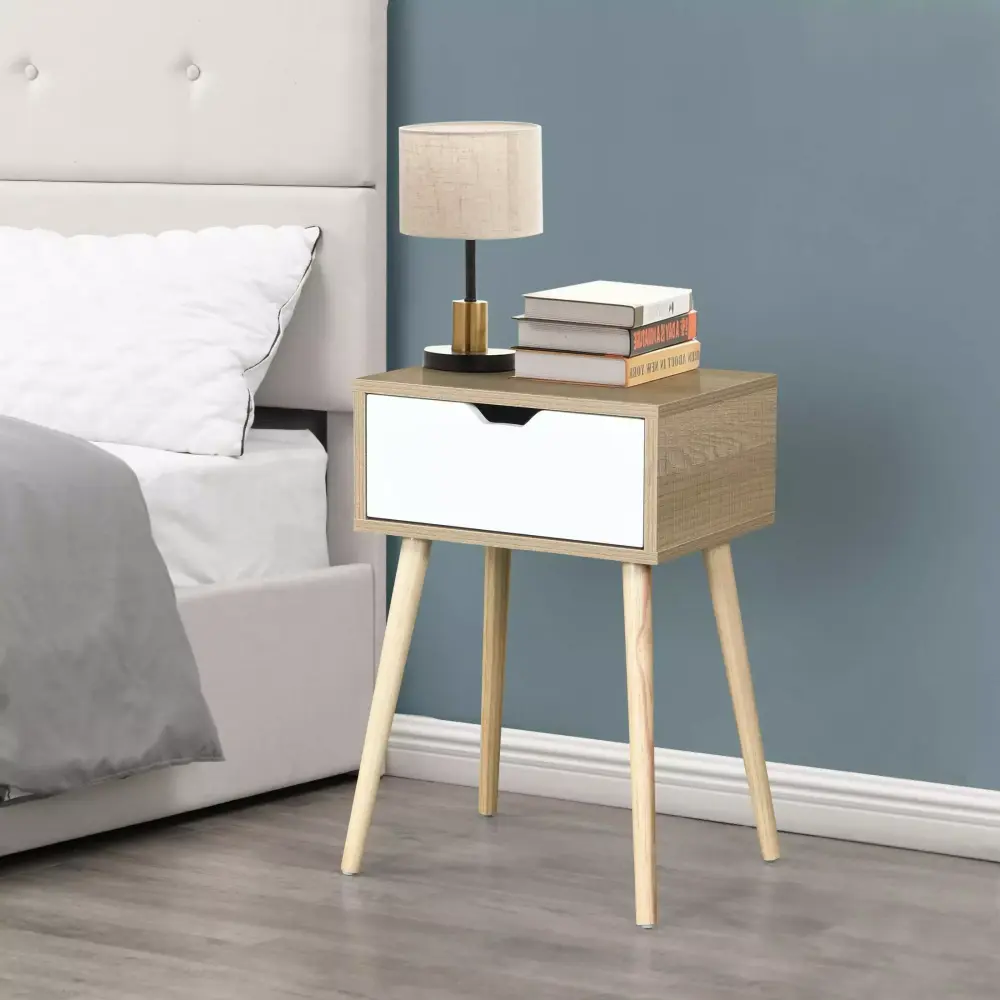 Mid-Century Modern White Side Table with 1 Drawer and Rubber Wood Legs Storage Cabinet for Bedroom Living Room