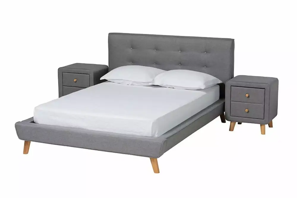 Baxton Studio Jonesy Mid-Century Modern Grey Fabric Upholstered Full Size 3-Piece Bedroom Set