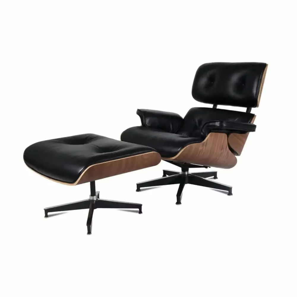 Mid Century Plywood Lounge Chair and Ottoman Replica Italian Leather Black Walnut