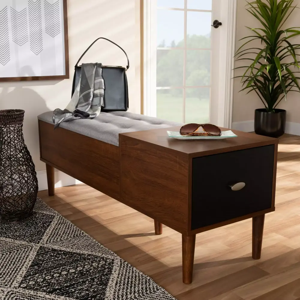 Maat Mid-Century Retro Modern 1-Drawer 2-Tone Oak and Dark Brown Wood Entryway Storage Bench with Grey Fabric Cushion