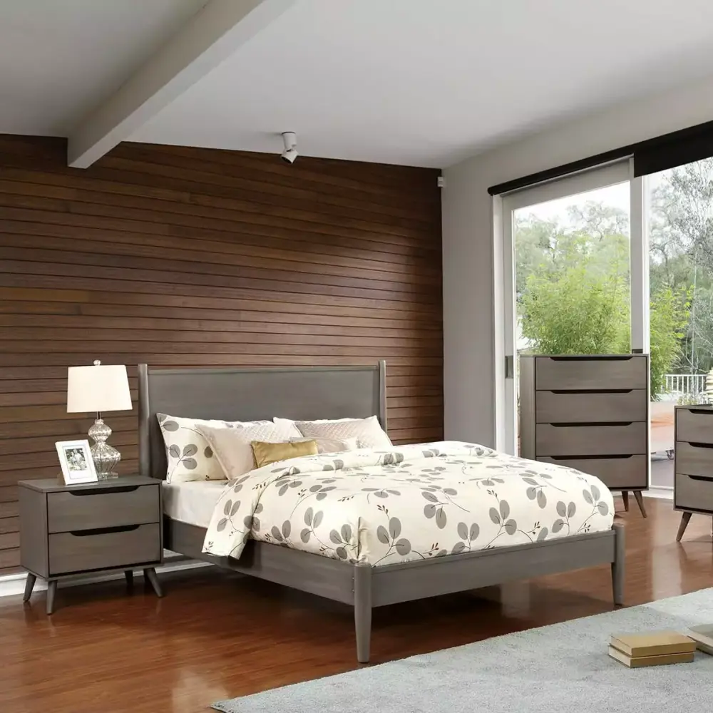 Mid-Century Modern Gray Twin Size 3-Piece Bedroom Set with 2 Nightstands and Slats
