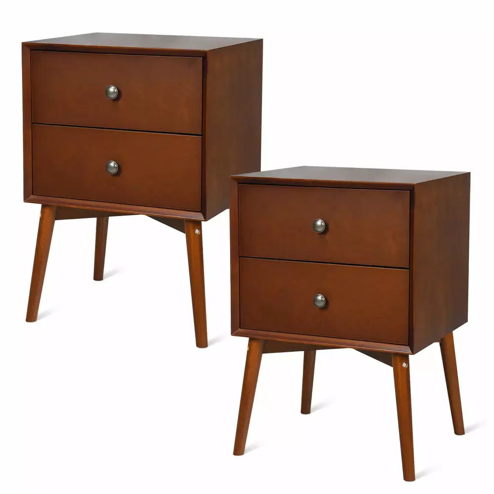 Costway 2PCS Nightstand Mid-Century End Side Table 2 Drawer Rubber Wood Legs Living Room
