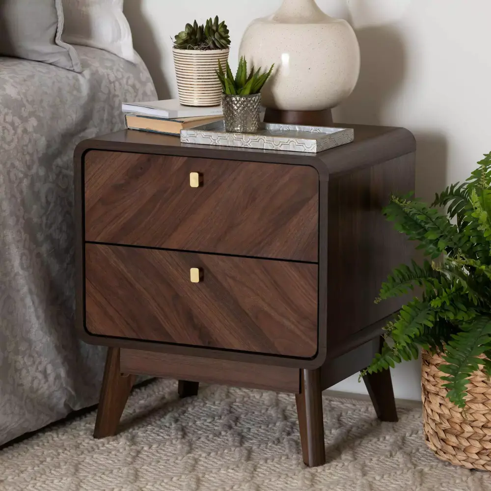Baxton Studio Markell Mid-Century Walnut Brown Wood 2-Drawer Nightstand Transitional
