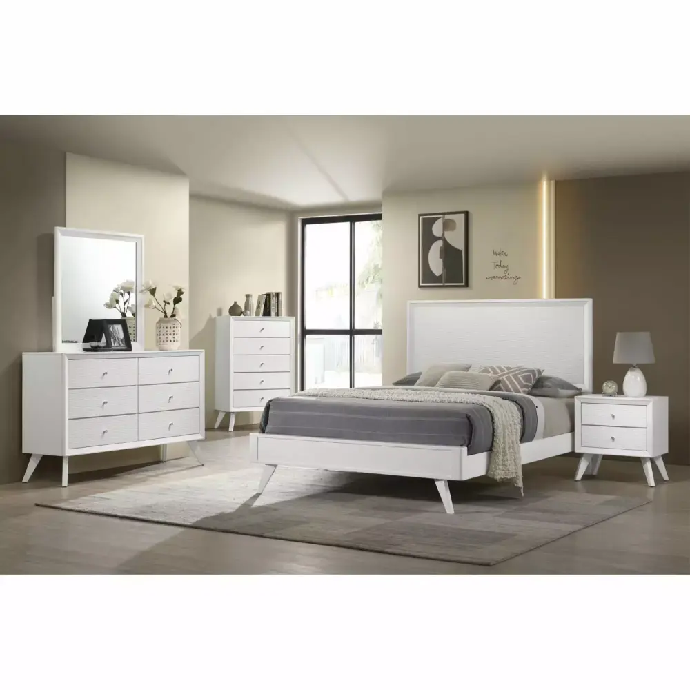 Coaster Janelle 4-Piece Mid-Century Wood Queen Bedroom Set White Retro Furniture