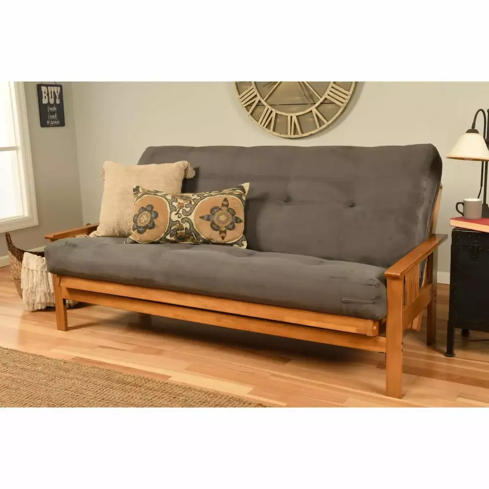 Homestock Mid-Century Marvel Futon Frame with Butternut Finish and Suede Gray Mattress